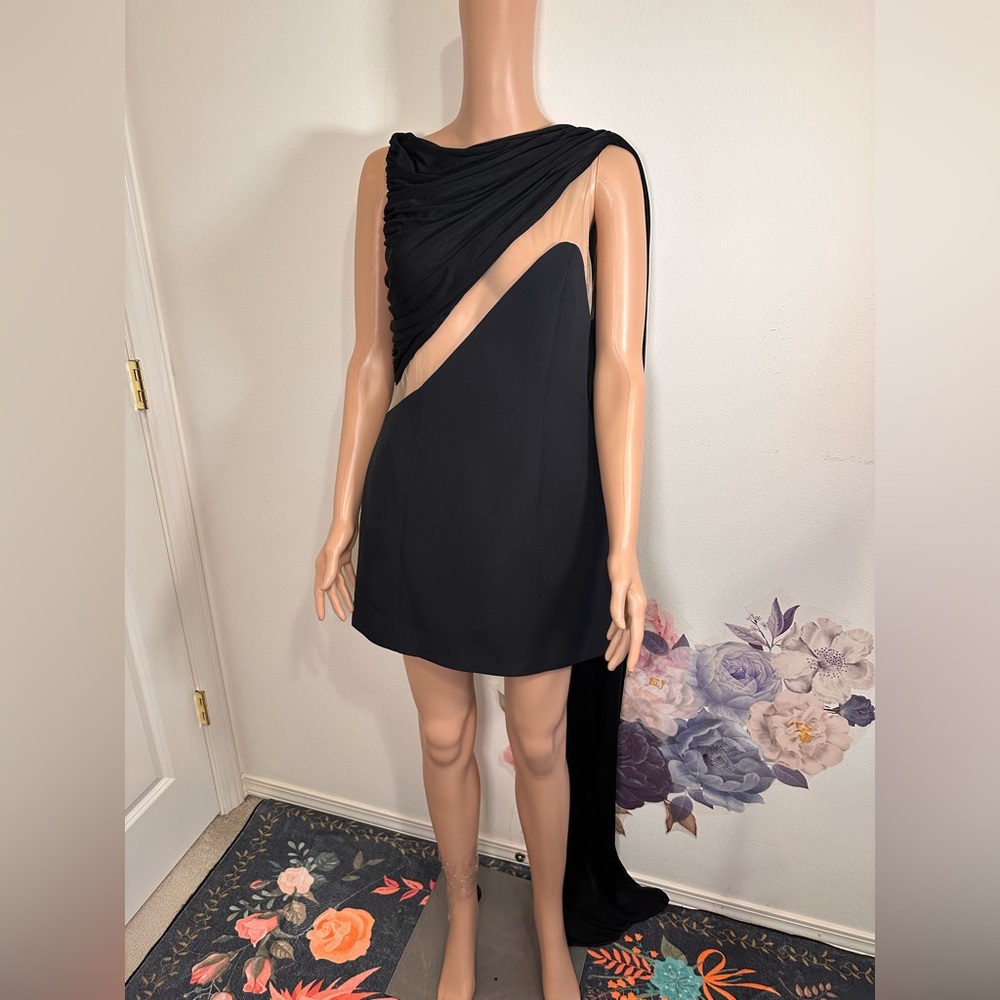 New David Koma Draped Chest Mini Dress in Black cutout mesh with cape size 8 - Picture 4 of 10